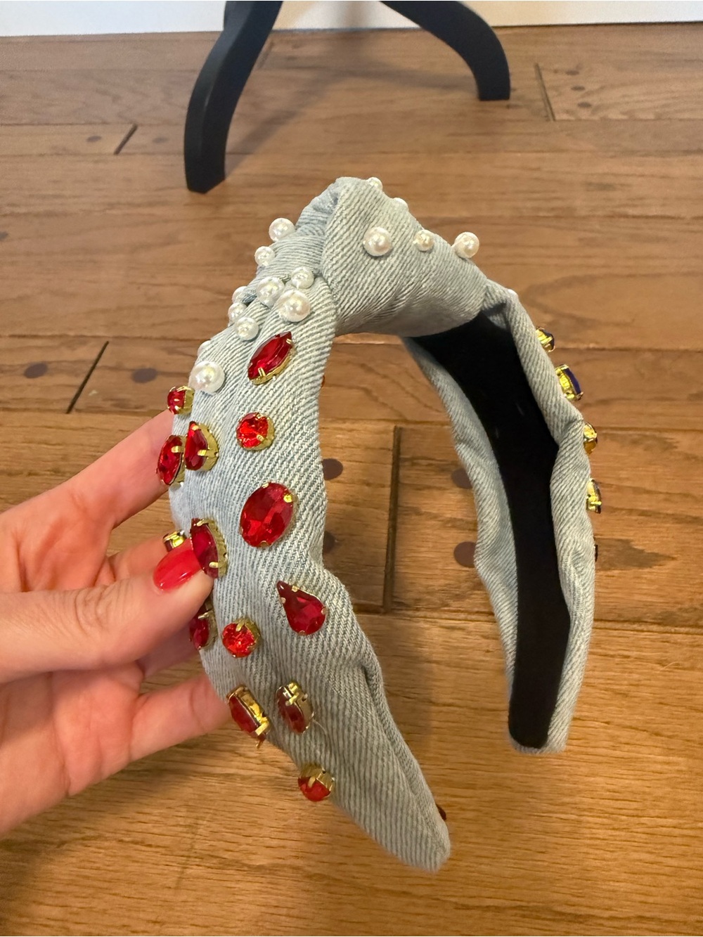 Brianna Cannon denim headband with red, blue and pearl accents